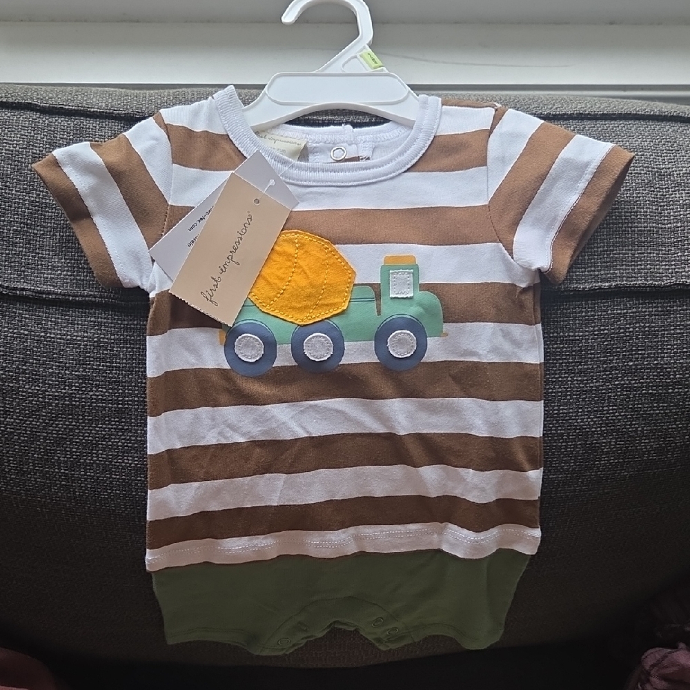 First Impressions Brown and White Onesie with Yellow Truck